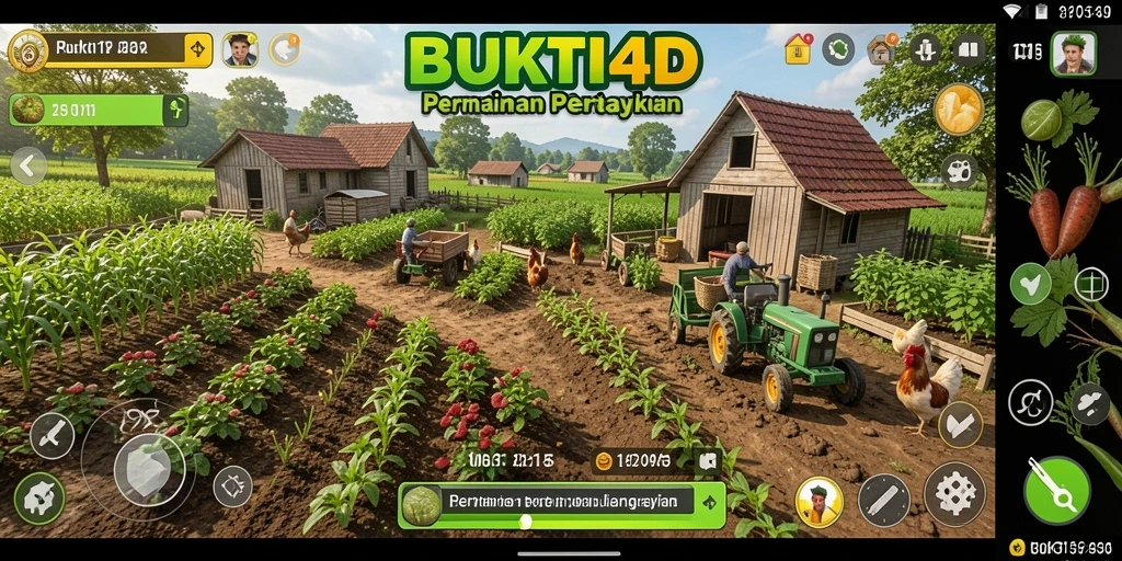 Tampilan gameplay BUKTI4D dengan aktivitas bertani dan mengelola lahan.