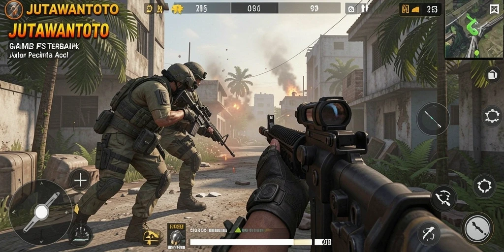 Screenshot gameplay JUTAWANTOTO dengan aksi tembak-menembak yang mendebarkan.