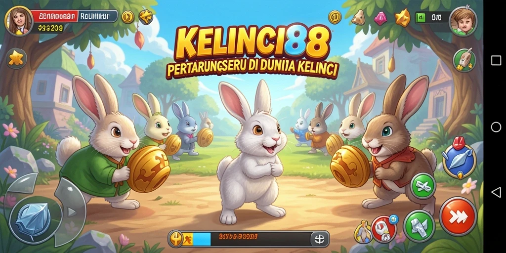 Tangkapan layar gameplay KELINCI88 menampilkan kelinci bertarung dengan penuh aksi.