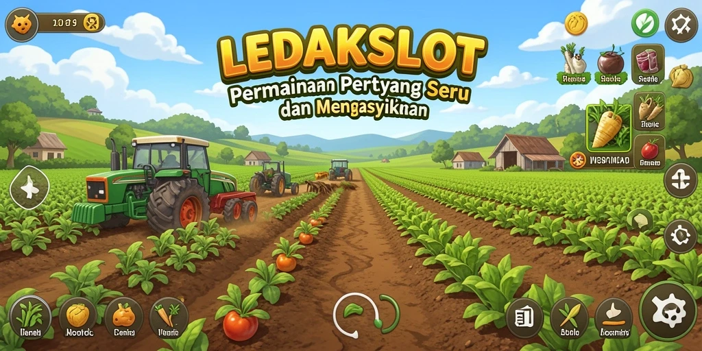 Tampilan gameplay LEDAKSLOT dengan ladang yang subur dan tanaman yang berbeda.