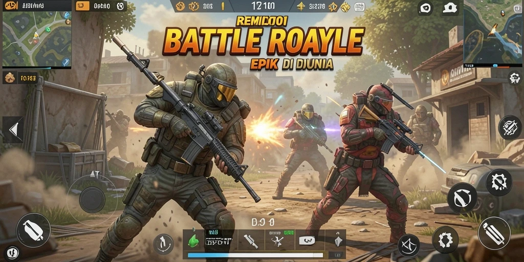 Screenshot menunjukkan aksi seru dalam pertempuran Battle Royale.