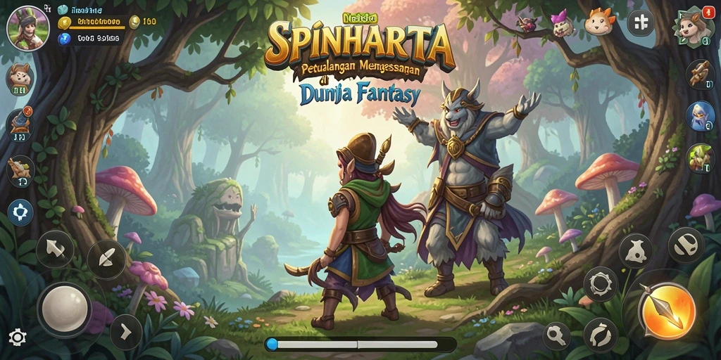 Tangkapan layar gameplay SPINHARTA yang menampilkan petualangan di dunia fantastis.